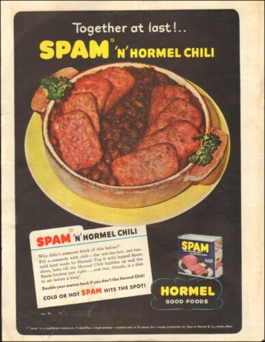 Advertisement showing Spam and Hormel Chili served together as a dish