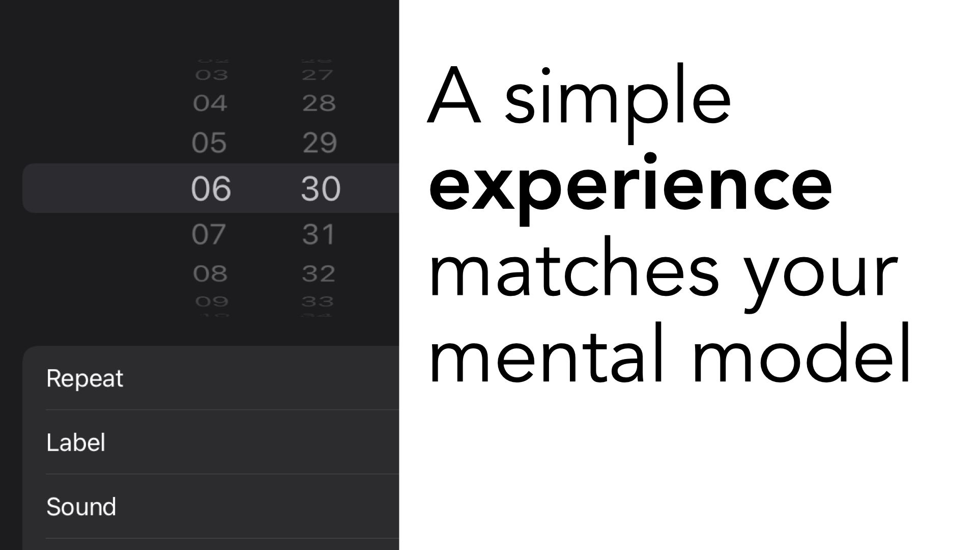 Slide text "A simple experience matches your mental model", with a cropped image of the iPhone set alarm screen to the left